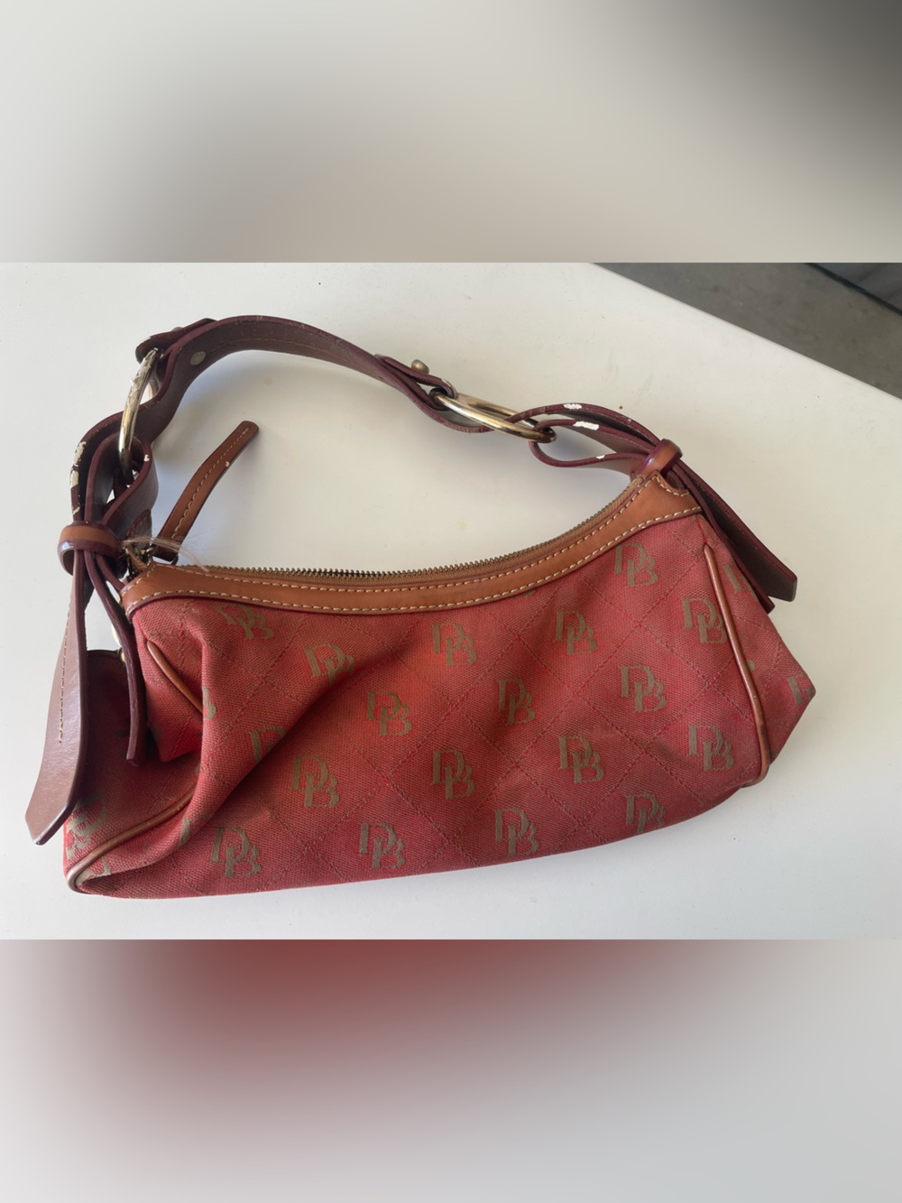 Dooney & Bourke USED Medium Hobo Red Db Monogram Jacquard Y2k Shoulder Bag
